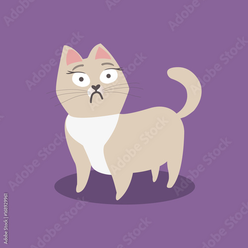 Scared little beige cat on violet background. Vector illustration.