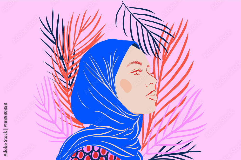 Woman wearing a headscarf on a pink and floral background Woman wearing a headscarf on a pink and floral background