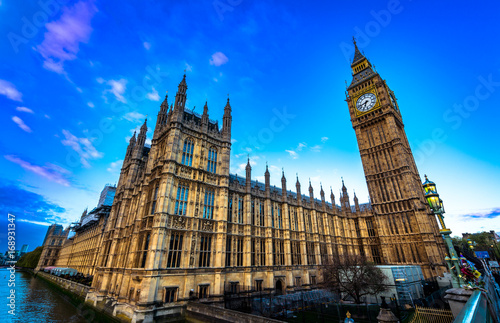 Panoramic view of Big Ben and Westminster parliament in London, United Kingdom at sunrise 