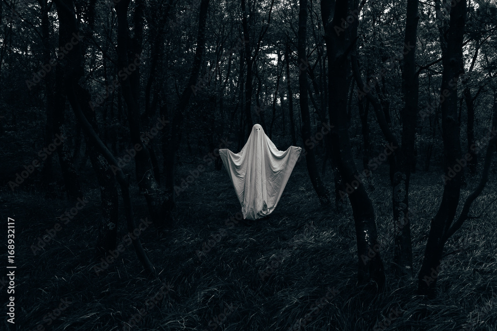 Halloween ghost in a dark forest Stock Photo | Adobe Stock