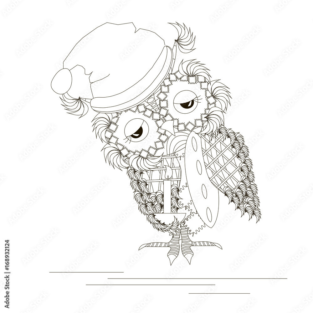 Fototapeta premium Monochrome sketch of an sleepy owl with a candle, a pillow under the wing, at night cap stock vector illustration