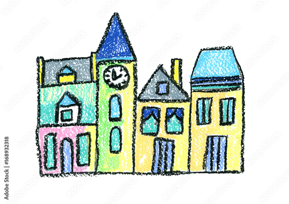 Old town Old city Christmas city Kids drawing style Children drawing