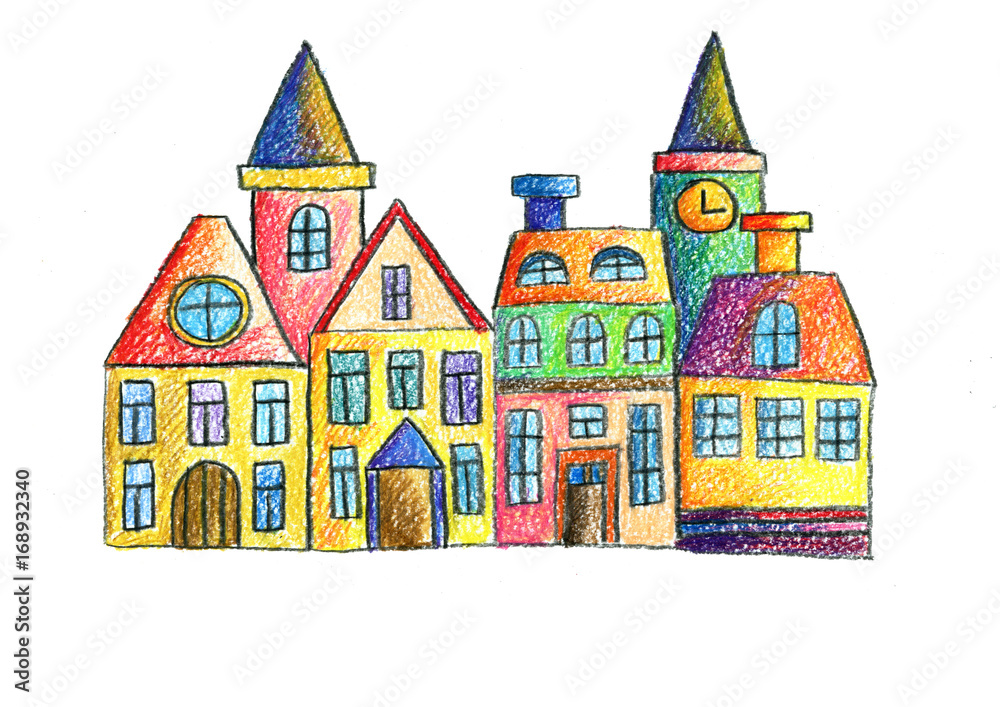 Old town Old city Christmas city Kids drawing style Children drawing