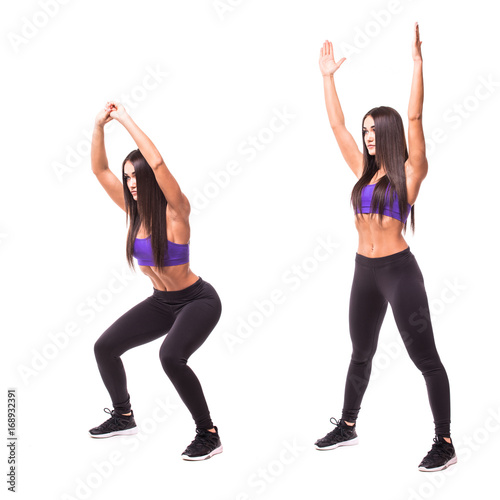 Sport beauty woman do sits-up fitness exercises on white background. Woman demonstrate begin and end of exercises. Set of fitness exercises