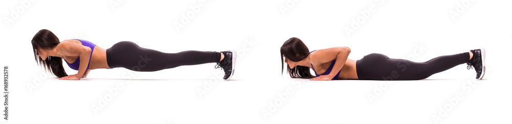 Concept of healthy lifestyle in set. Sport beauty woman do plank fitness exercises on white background. Woman demonstrate begin and end of exercises. Concept of healthy lifestyle in set. Sport beauty woman do plank fitness exercises on white background. Woman demonstrate begin and end of exercises.