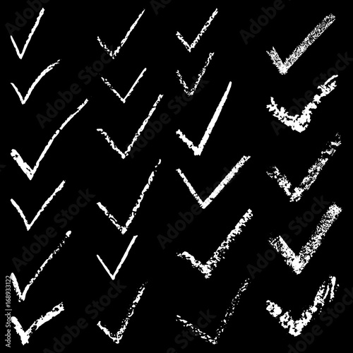 set of vector illustration of hand drawn check mark chalk isolated on black background