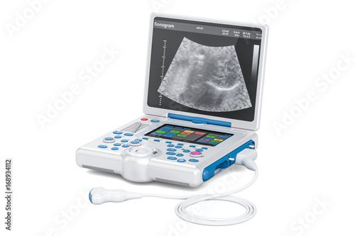 Portable medical ultrasound diagnostic machine, scanner. 3D rendering photo