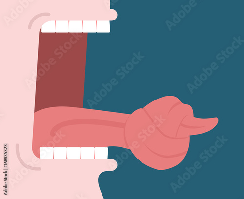 tongue is knot. Open mouth. Silence allegory illustration photo