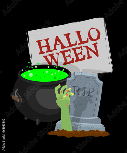 Halloween template. Pot with magical potion and hand of zombie. grave and arm green corpse. Illustration for terrible holiday
