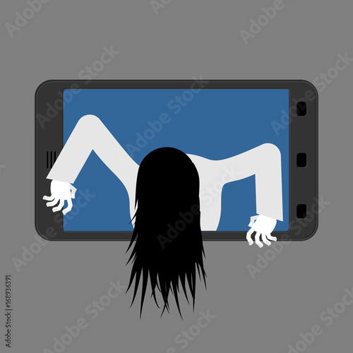 Witch zombie from smartphone. Zombie girl comes out of phone gadget. Illustration for Halloween