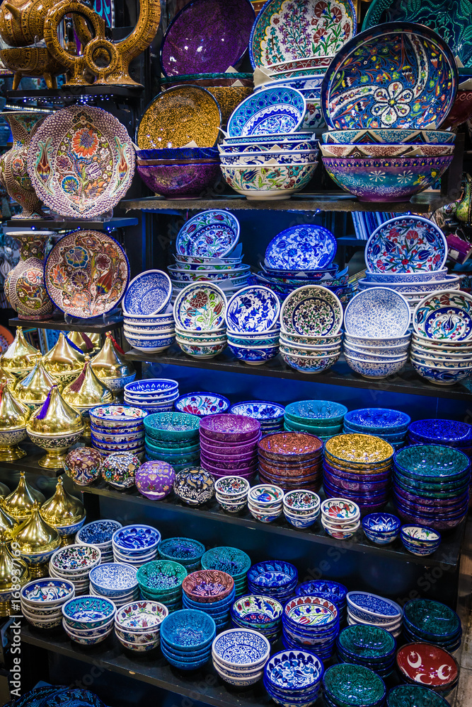 Turkish ceramics on sale at the Grand Bazaar in Istanbul, Turkey. Traditional Turkish ceramics