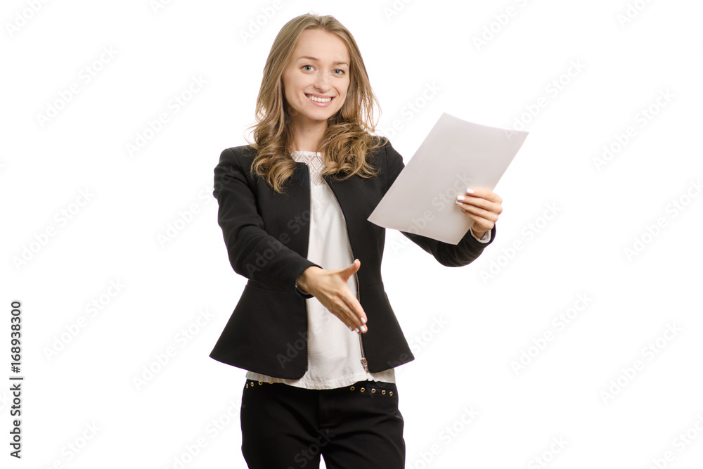 Beautiful young business woman with a paper shaking hands Beautiful young business woman with a paper shaking hands