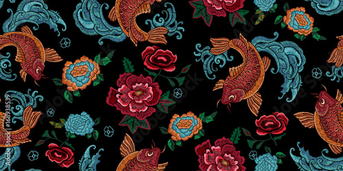 Embroidery oriental seamless pattern with golden carps and flowers. Vector em...