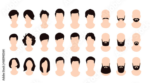 Male and female hairstyles set, beards and mustaches. Flat style