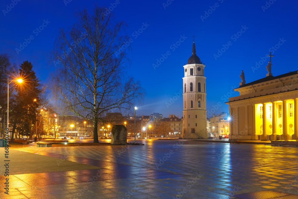 Cathedral Square, Cathedral Basilica of St Stanislaus and St Vladislav and bell tower during evening blue hour, Vilnius, Lithuania, Baltic states.