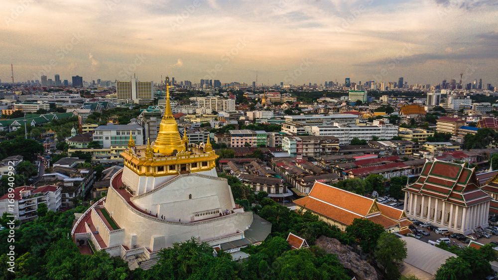 Fototapeta premium 'Golden Mountain ' Wat Saket Ratcha Wora Maha Wihan popular Bangkok tourist attraction , Landmarks of bangkok Thailand . top view