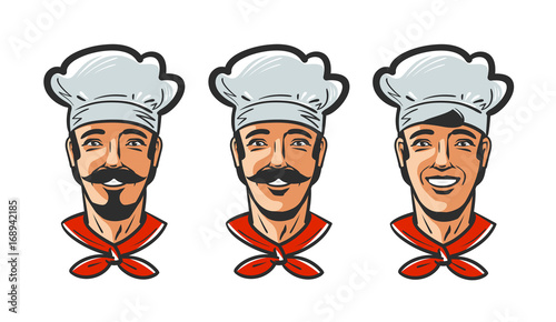 Portrait of happy smiling chef, cook in hat. Cartoon vector illustration
