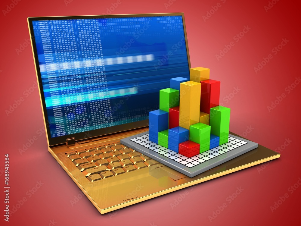 3d golden computer and diagram 3d golden computer and diagram