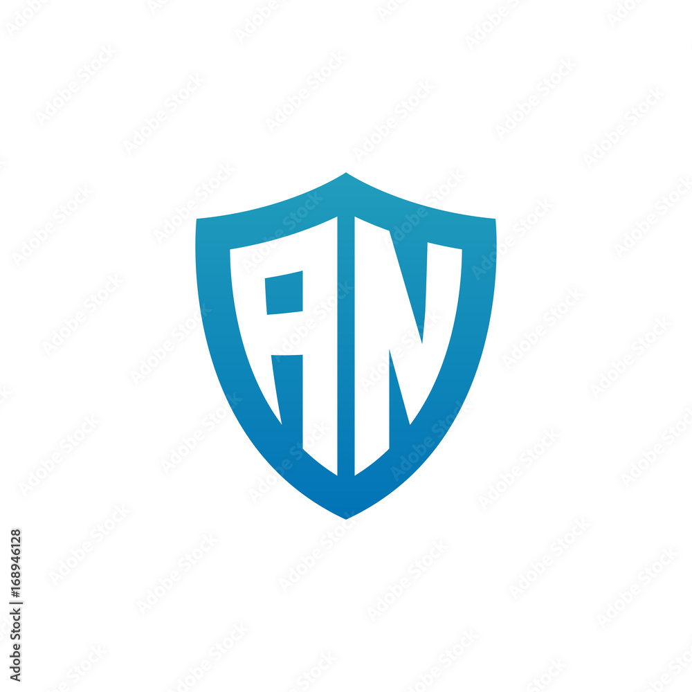 Initial letter AN, shield logo, modern blue color Initial letter AN, shield logo, modern blue color