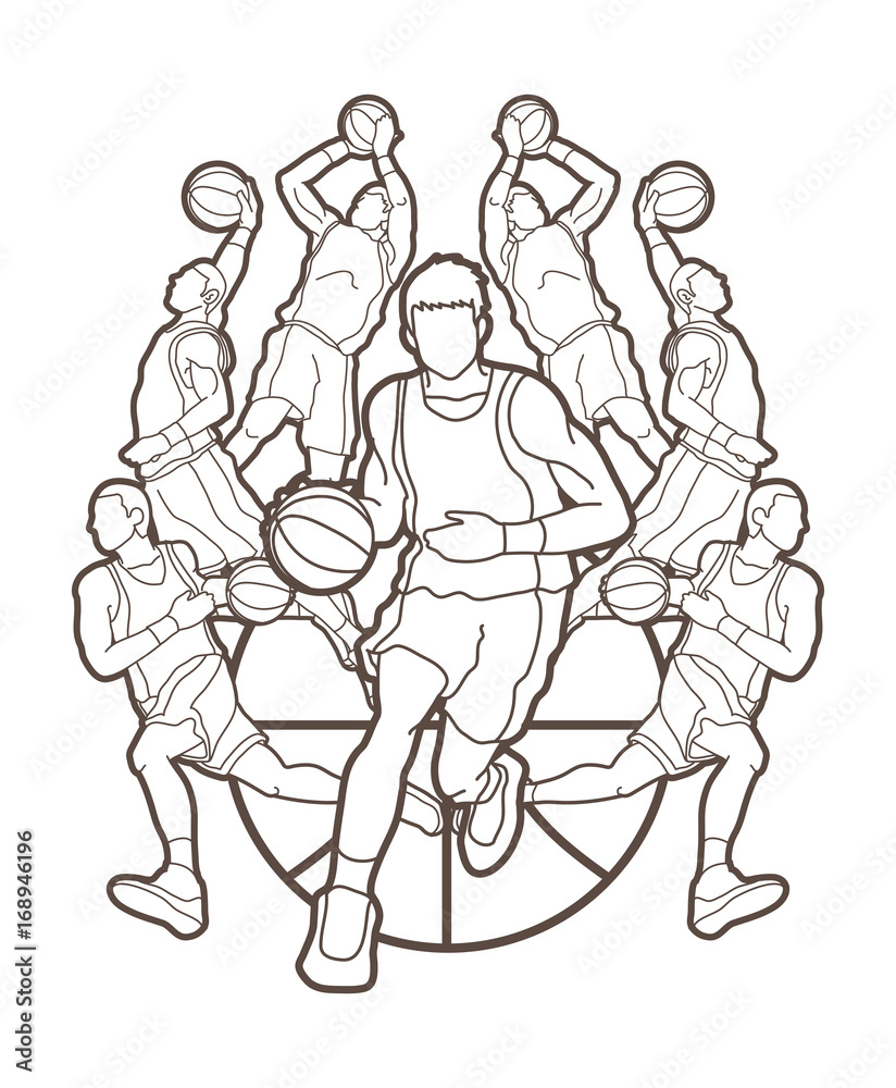 Basketball Team player dunking dripping ball action outline graphic vector