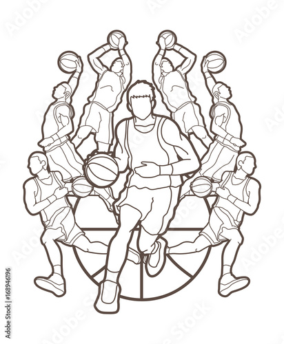 Basketball Team player dunking dripping ball action outline graphic vector