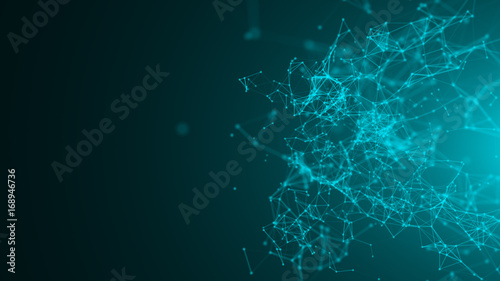 Abstract connected dots on bright blue background. Technology concept. 3d rendering