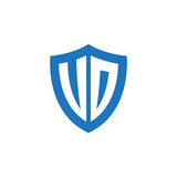 Initial letter VD, UD, VO, UO, shield logo, modern blue color