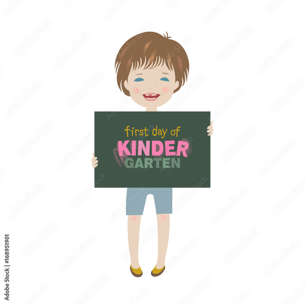 Smiling child holding first day of kindergarten poster vector background