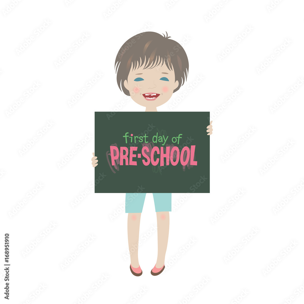 Smiling child holding first day of kindergarten poster vector background Smiling child holding first day of kindergarten poster vector background