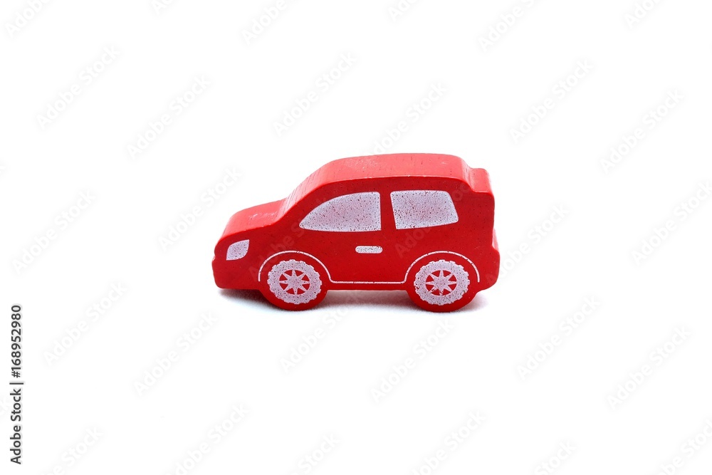 Red Wooden Car Toy Isolated on White Background.