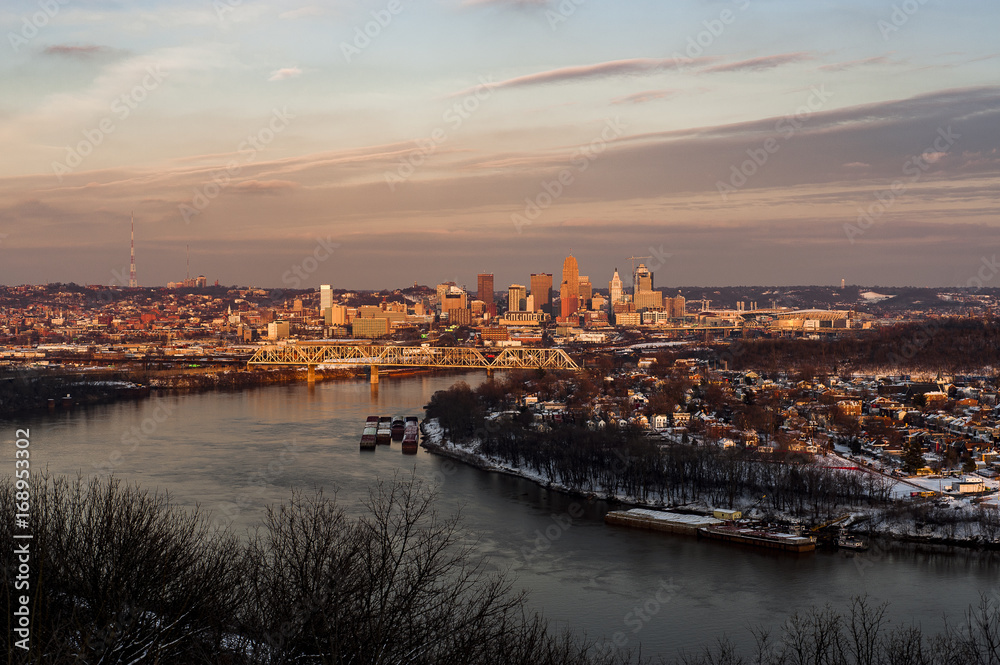 Cincinnati, Ohio Skyline and Ohio River Scene at Sunset