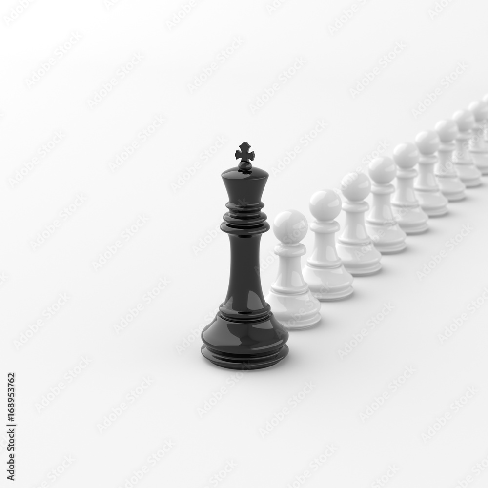 Leadership and success concept, black king of chess, standing out from the crowd of white pawns, on white background. 3D rendering.