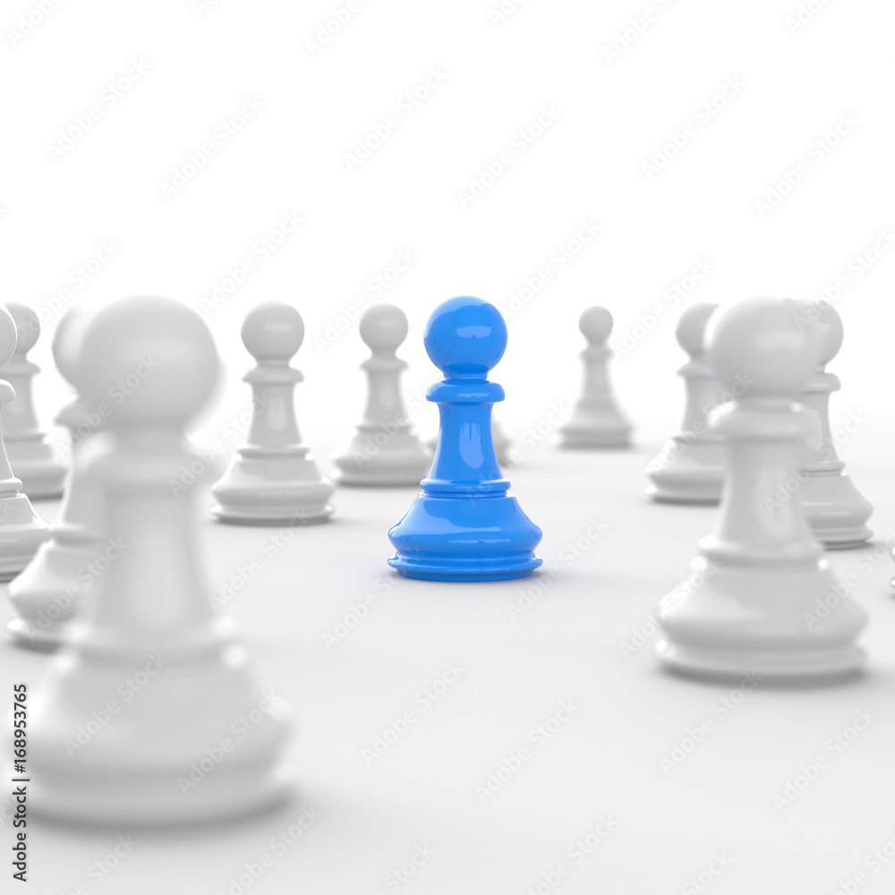 Leadership concept, blue pawn of chess, standing out from the crowd of white pawns, on white background. 3D rendering. Leadership concept, blue pawn of chess, standing out from the crowd of white pawns, on white background. 3D rendering.