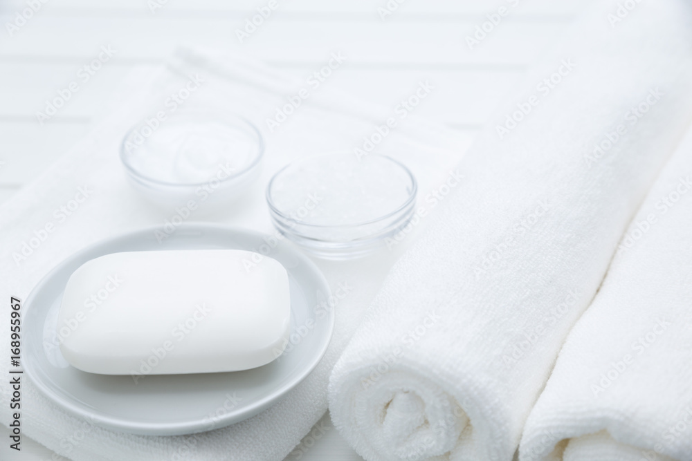 All White Spa and Bath Image - Towels, Soap, Bath Salt and Cosmetic Cream All White Spa and Bath Image - Towels, Soap, Bath Salt and Cosmetic Cream
