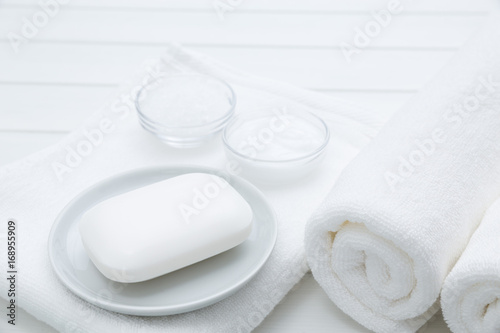 All White Spa and Bath Image - Towels, Soap, Bath Salt and Cosmetic Cream