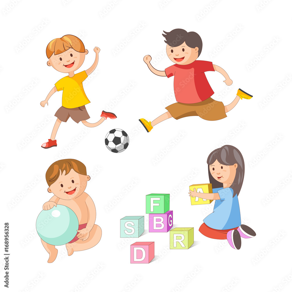 Children little boys girls playing toy games vector flat icons set Children little boys girls playing toy games vector flat icons set