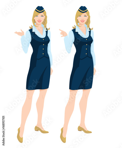 Vector illustration of air hostess in uniform and formal hat. 