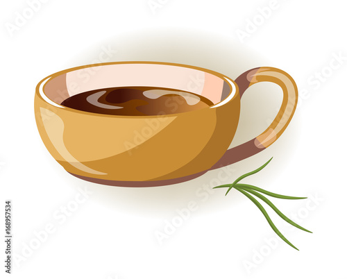 Beige cup with big handle and hot herbal tea inside