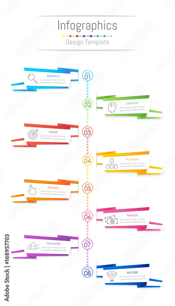 Infographic design elements for your business data with 8 options, parts, steps, timelines or processes, paper banner style concept. Vector Illustration.