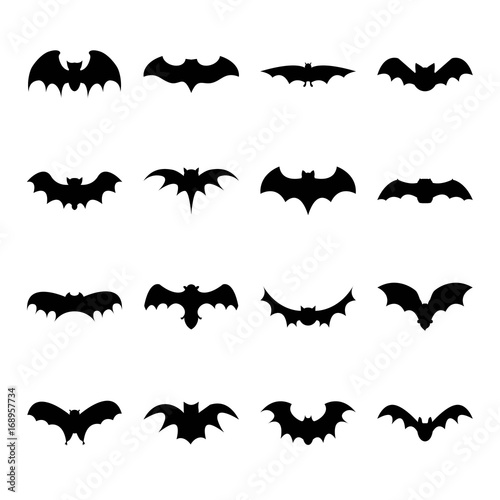 Fototapeta Naklejka Na Ścianę i Meble -  Set of bat silhouette flat icon on white background, halloween symbol for web. vector illustration