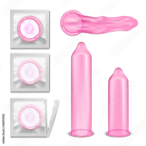 Set of vector illustrations of pink latex condoms in package and without isolated on white background, contraception, sexual protection