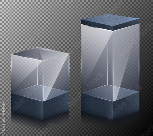 Set of vector illustrations of small and large realistic, glass, transparent cubes isolated on a gray background. 3d design.