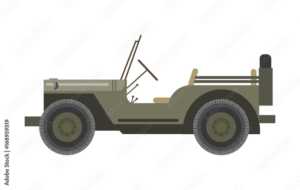 Military vehicle without roof and with spear tire behind