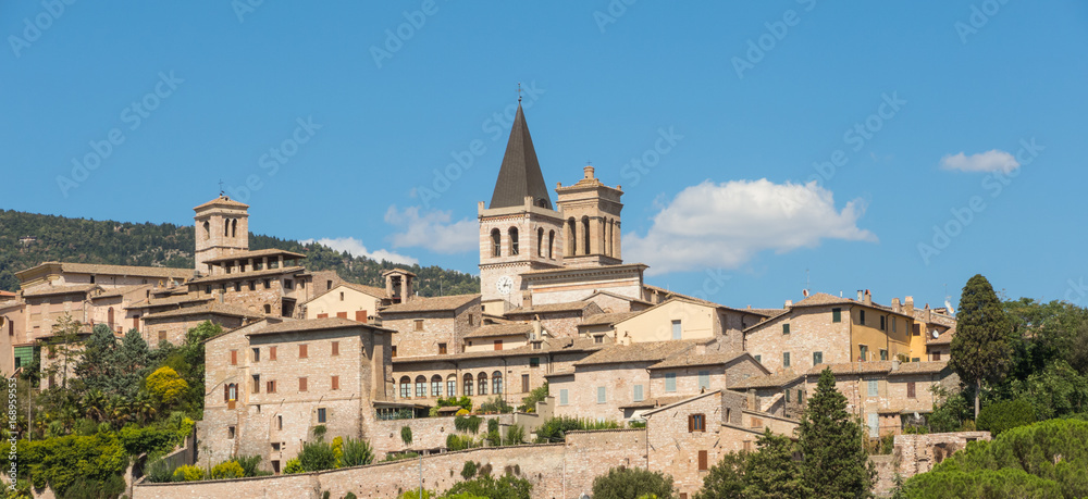 Spello, one of the most beautiful small town in Italy. Skyline of the village from the land