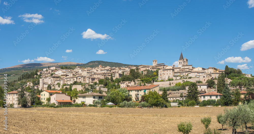 Spello, one of the most beautiful small town in Italy. Skyline of the village from the land
