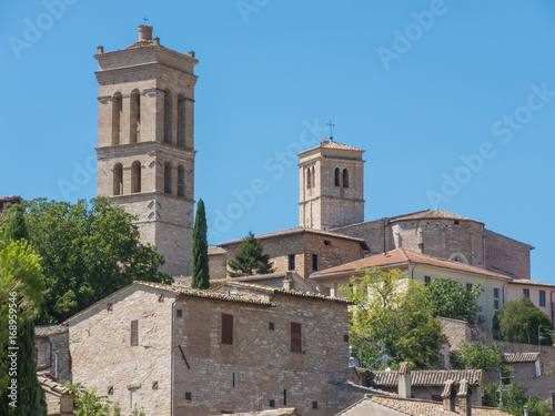 Spello, one of the most beautiful small town in Italy. Skyline of the village from the land