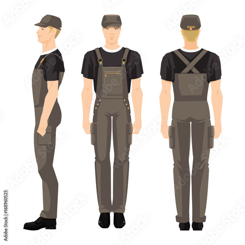Man worker in uniform isolated on white background. Various turns man's figure. Front view, side and back view.