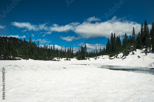 Snow-covered Reflection Lake in Mount Rainier National Park during June