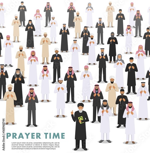 Prayer time. Seamless pattern. Different standing praying muslim arabic people and mullah in traditional arabian clothes. Mufti with quran. Islamic men with beads in hands pray. Vector illustration.