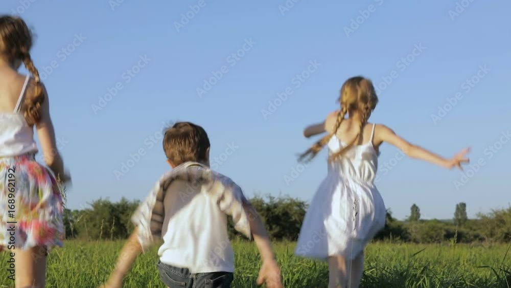 Three happy children playing in the field at the day time. Kid having fun outdoors. Concept of happy game. Three happy children playing in the field at the day time. Kid having fun outdoors. Concept of happy game.